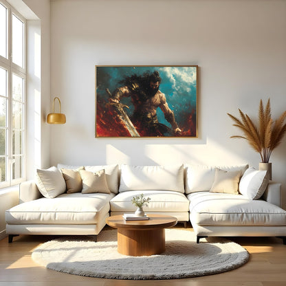 Dive into the world of fantasy with this striking artwork featuring a fierce warrior amidst a for Living Room