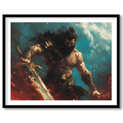 Dive into the world of fantasy with this striking artwork featuring a fierce warrior amidst a for retreat