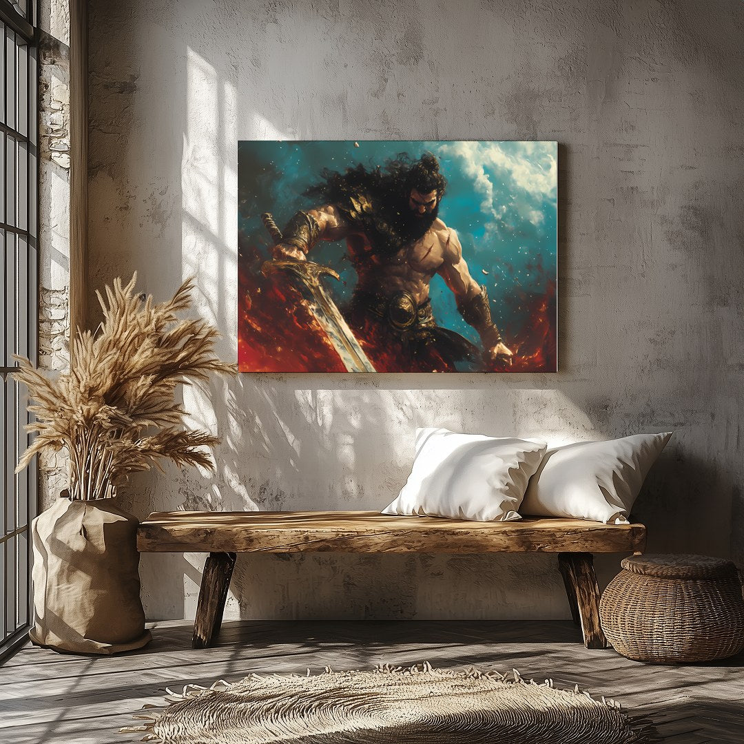 Dive into the world of fantasy with this striking artwork featuring a fierce warrior amidst a for Veranda