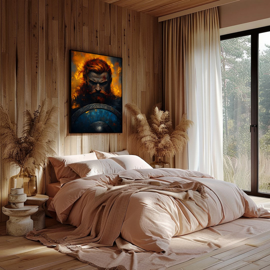 Immerse yourself in the intensity of 'Warrior's Resolve,' a captivating piece that captures the for Bedroom