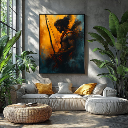 This captivating artwork features the silhouette of a warrior poised with determination, bathed in for Balcony