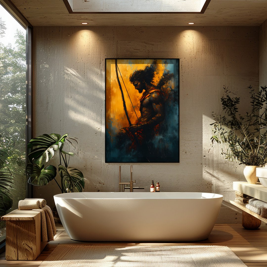 This captivating artwork features the silhouette of a warrior poised with determination, bathed in for Bathroom