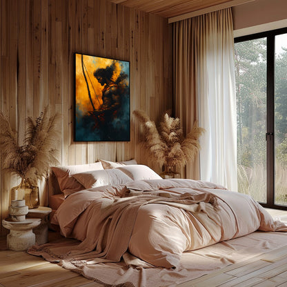 This captivating artwork features the silhouette of a warrior poised with determination, bathed in for Bedroom