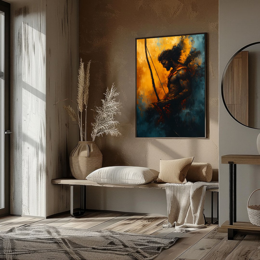This captivating artwork features the silhouette of a warrior poised with determination, bathed in for decor