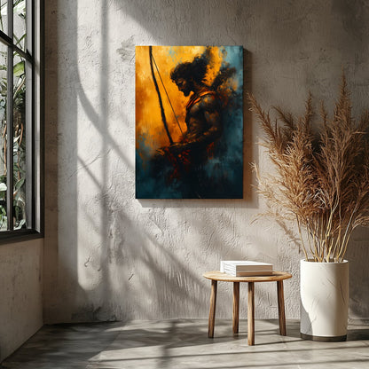 This captivating artwork features the silhouette of a warrior poised with determination, bathed in for Entrance