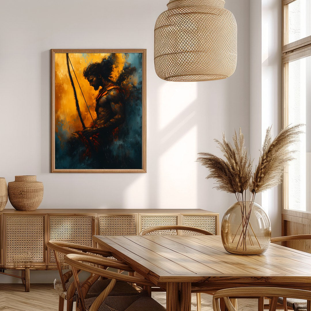 This captivating artwork features the silhouette of a warrior poised with determination, bathed in for Extra Kitchen