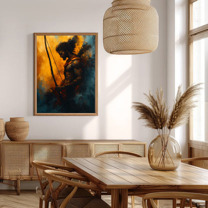 This captivating artwork features the silhouette of a warrior poised with determination, bathed in for Extra Kitchen