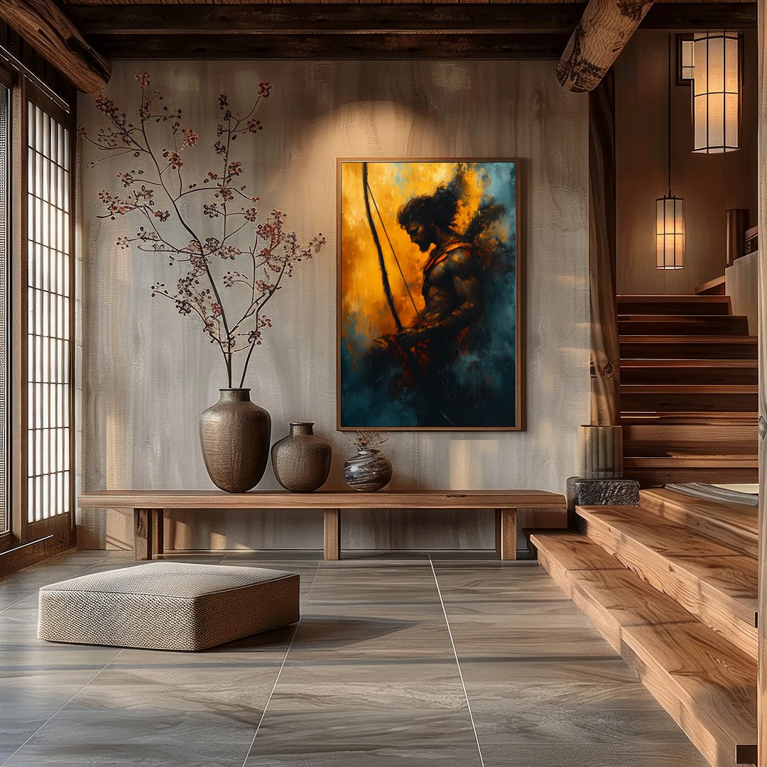 This captivating artwork features the silhouette of a warrior poised with determination, bathed in for Hall