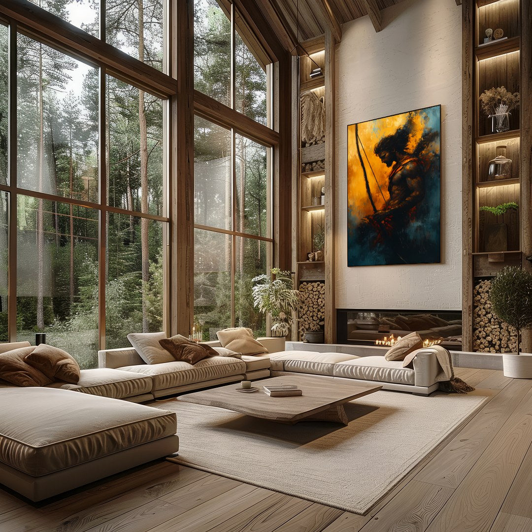 This captivating artwork features the silhouette of a warrior poised with determination, bathed in for Living Room