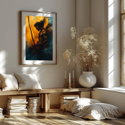 This captivating artwork features the silhouette of a warrior poised with determination, bathed in for lovely-house