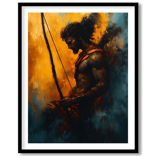 This captivating artwork features the silhouette of a warrior poised with determination, bathed in for place