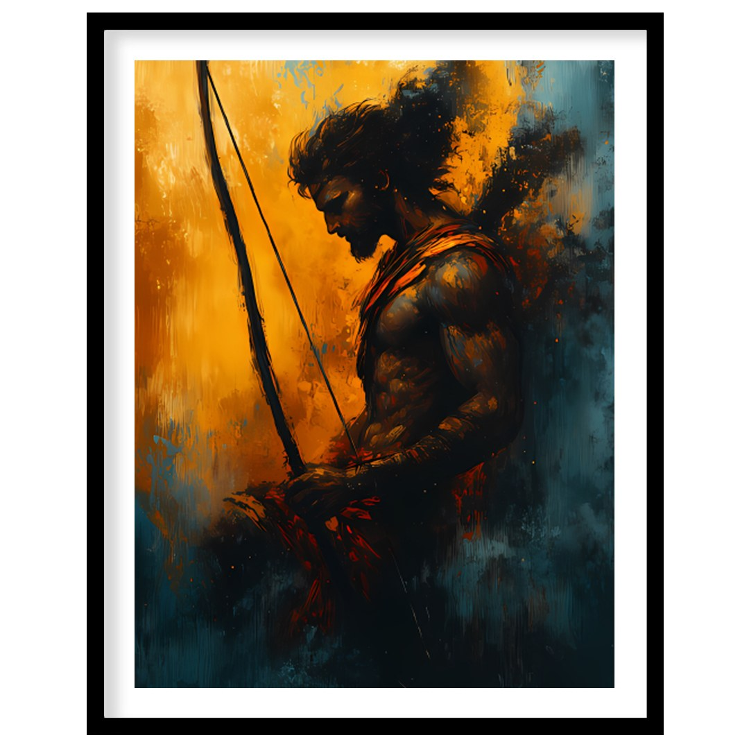 This captivating artwork features the silhouette of a warrior poised with determination, bathed in for place