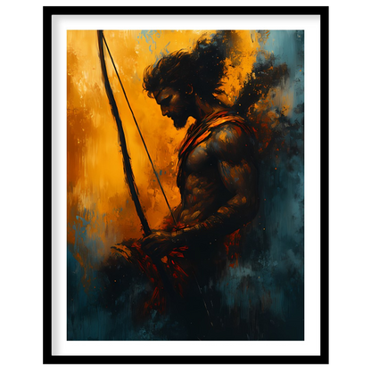 This captivating artwork features the silhouette of a warrior poised with determination, bathed in for place