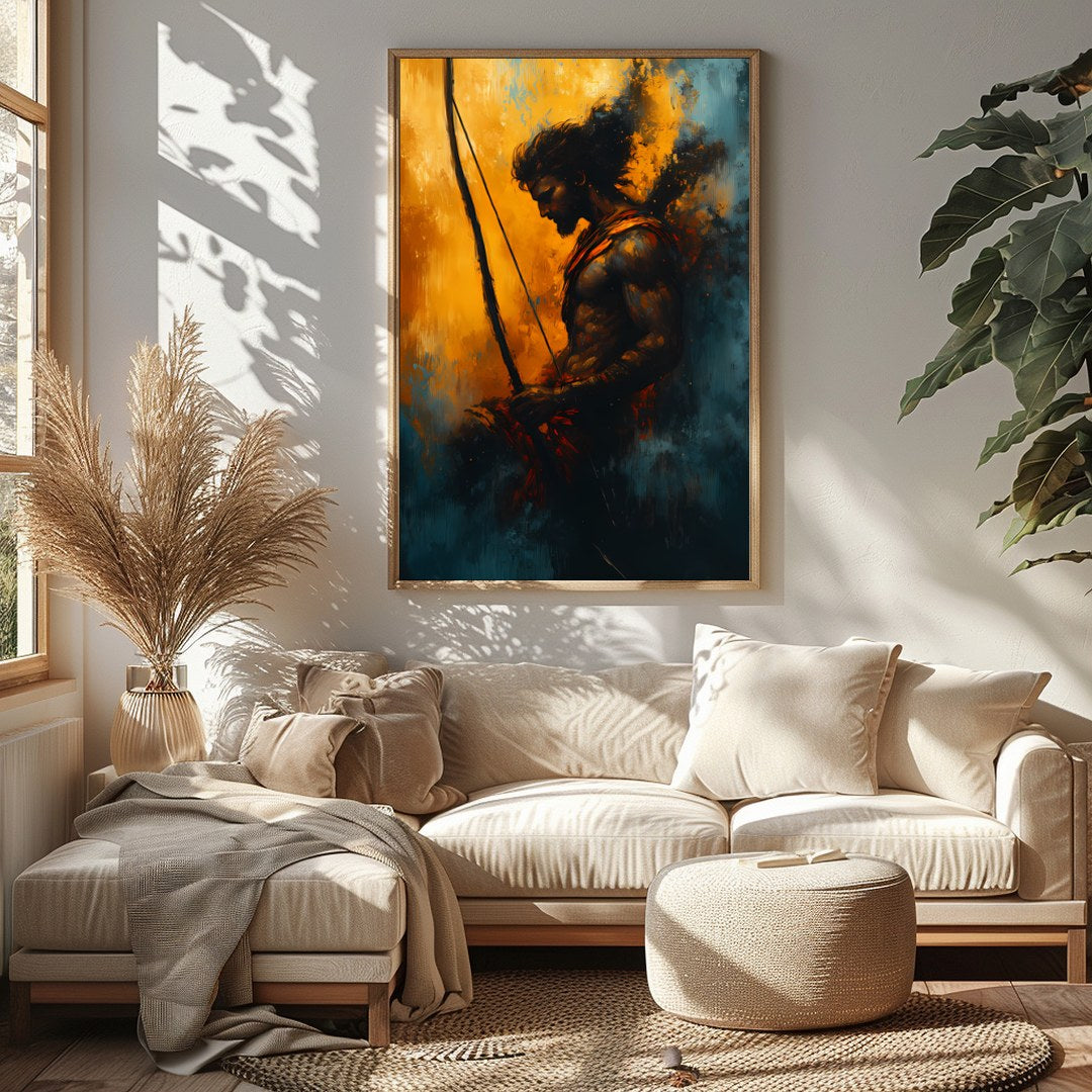 This captivating artwork features the silhouette of a warrior poised with determination, bathed in for Sitting Area
