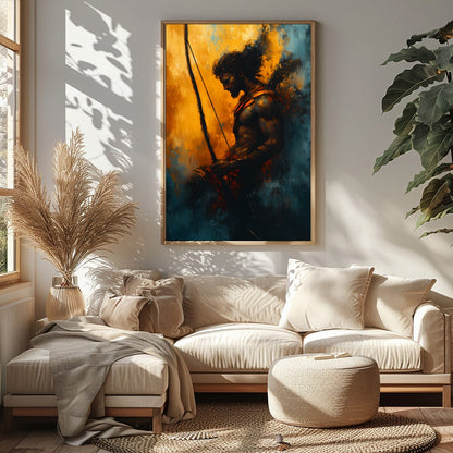 This captivating artwork features the silhouette of a warrior poised with determination, bathed in for Sitting Area
