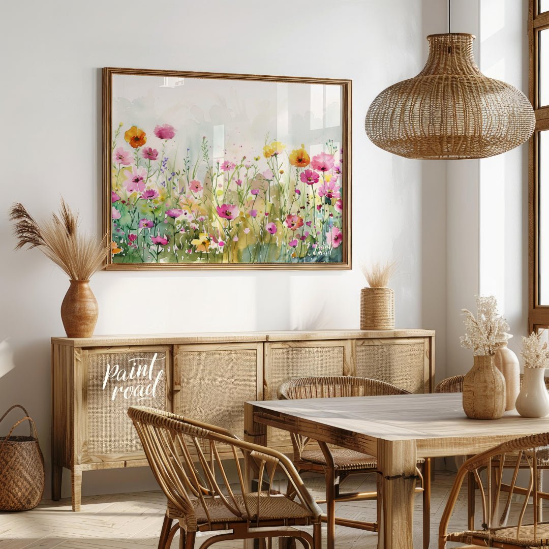 This delicate digital watercolor painting captures a vibrant meadow filled with an array of colorfu… for dining room