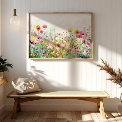 This delicate digital watercolor painting captures a vibrant meadow filled with an array of colorfu… for entryway
