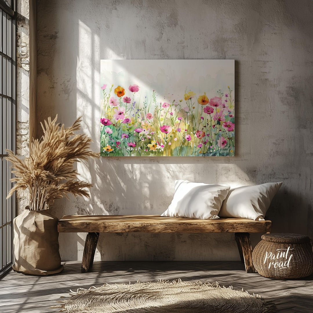 This delicate digital watercolor painting captures a vibrant meadow filled with an array of colorfu… for entryway