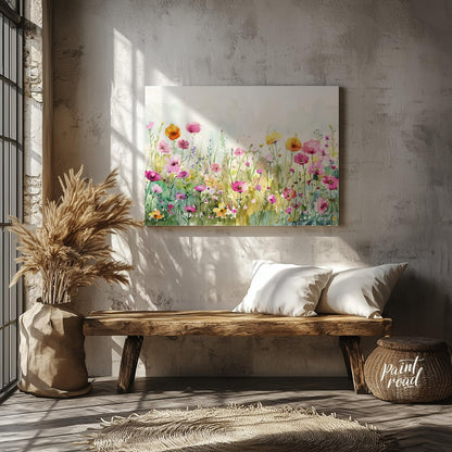 This delicate digital watercolor painting captures a vibrant meadow filled with an array of colorfu… for entryway