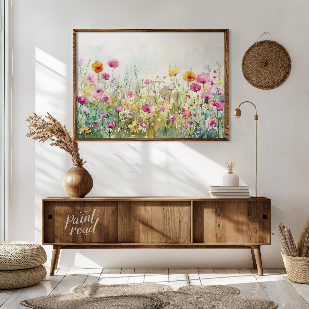 This delicate digital watercolor painting captures a vibrant meadow filled with an array of colorfu… for living room