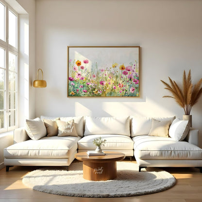 This delicate digital watercolor painting captures a vibrant meadow filled with an array of colorfu… for living room