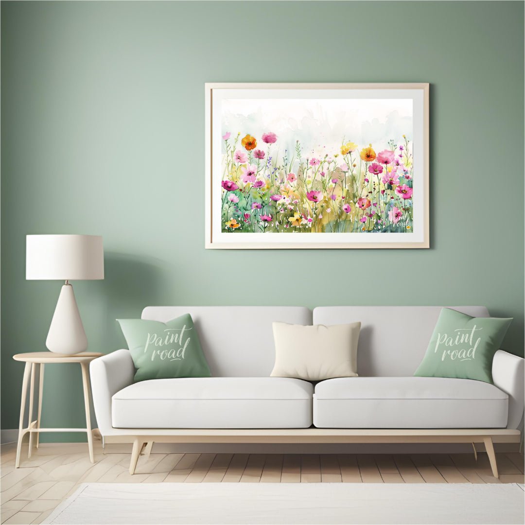 This delicate digital watercolor painting captures a vibrant meadow filled with an array of colorfu… for living room