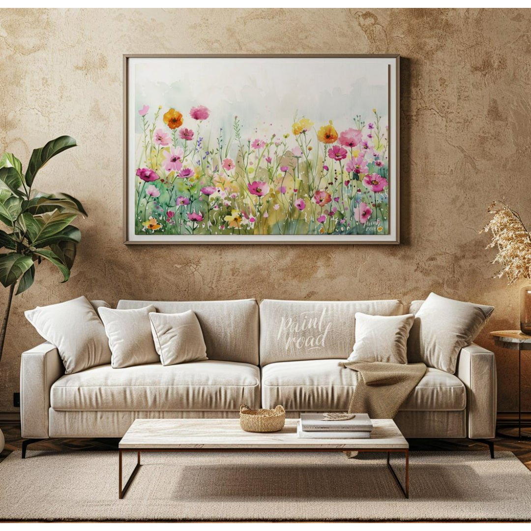 This delicate digital watercolor painting captures a vibrant meadow filled with an array of colorfu… for living room