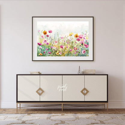This delicate digital watercolor painting captures a vibrant meadow filled with an array of colorfu… for living room