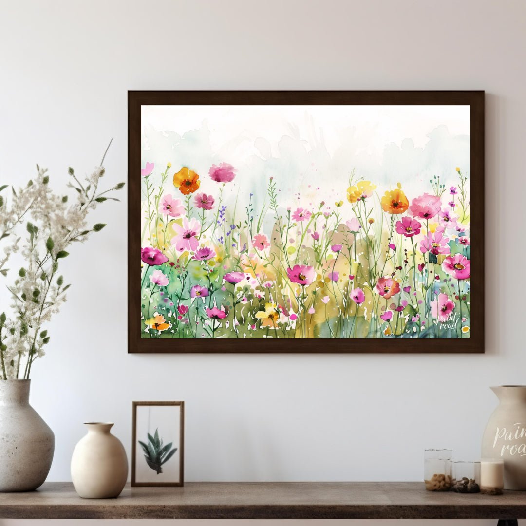 This delicate digital watercolor painting captures a vibrant meadow filled with an array of colorfu… for living room