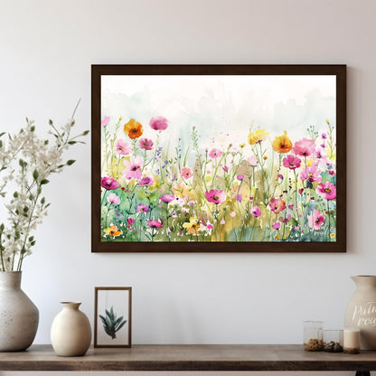 This delicate digital watercolor painting captures a vibrant meadow filled with an array of colorfu… for living room