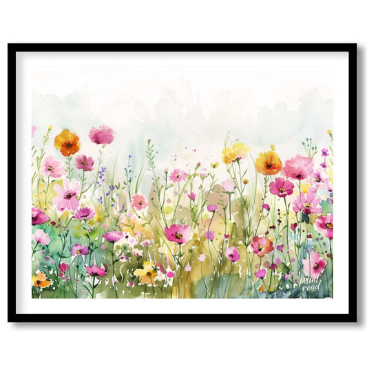 This delicate digital watercolor painting captures a vibrant meadow filled with an array of colorfu… for room