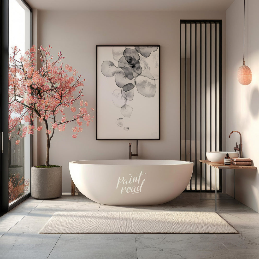 This artwork features a series of translucent, watercolor-like shapes cascading down a light backgr… for bathroom