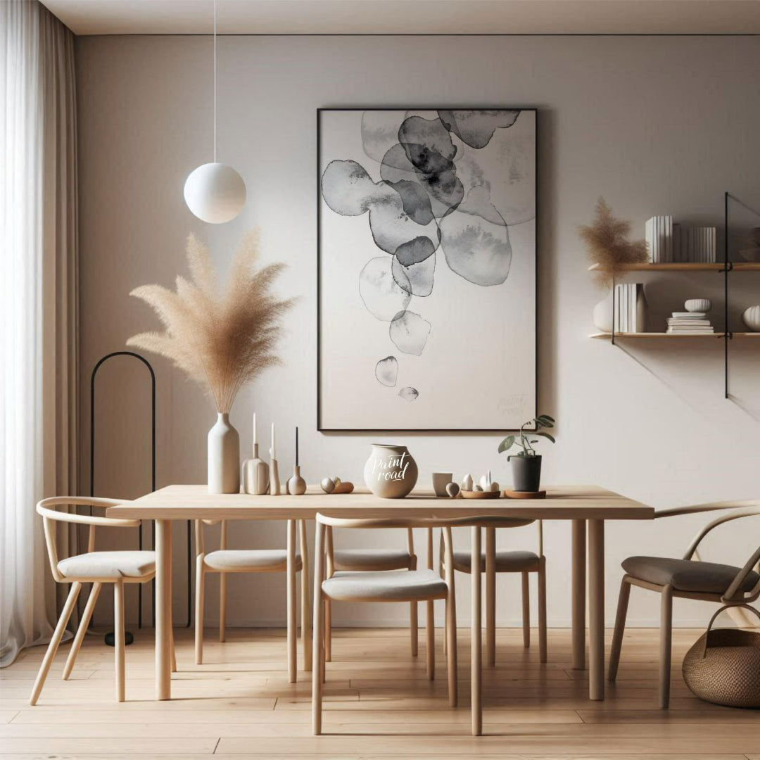 This artwork features a series of translucent, watercolor-like shapes cascading down a light backgr… for dining room