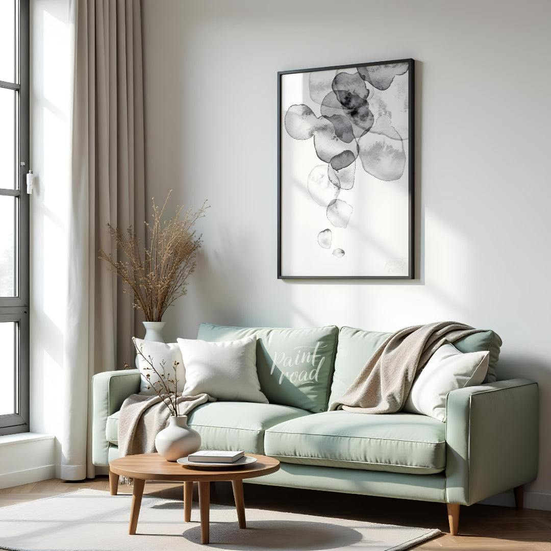 This artwork features a series of translucent, watercolor-like shapes cascading down a light backgr… for living room