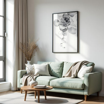 This artwork features a series of translucent, watercolor-like shapes cascading down a light backgr… for living room