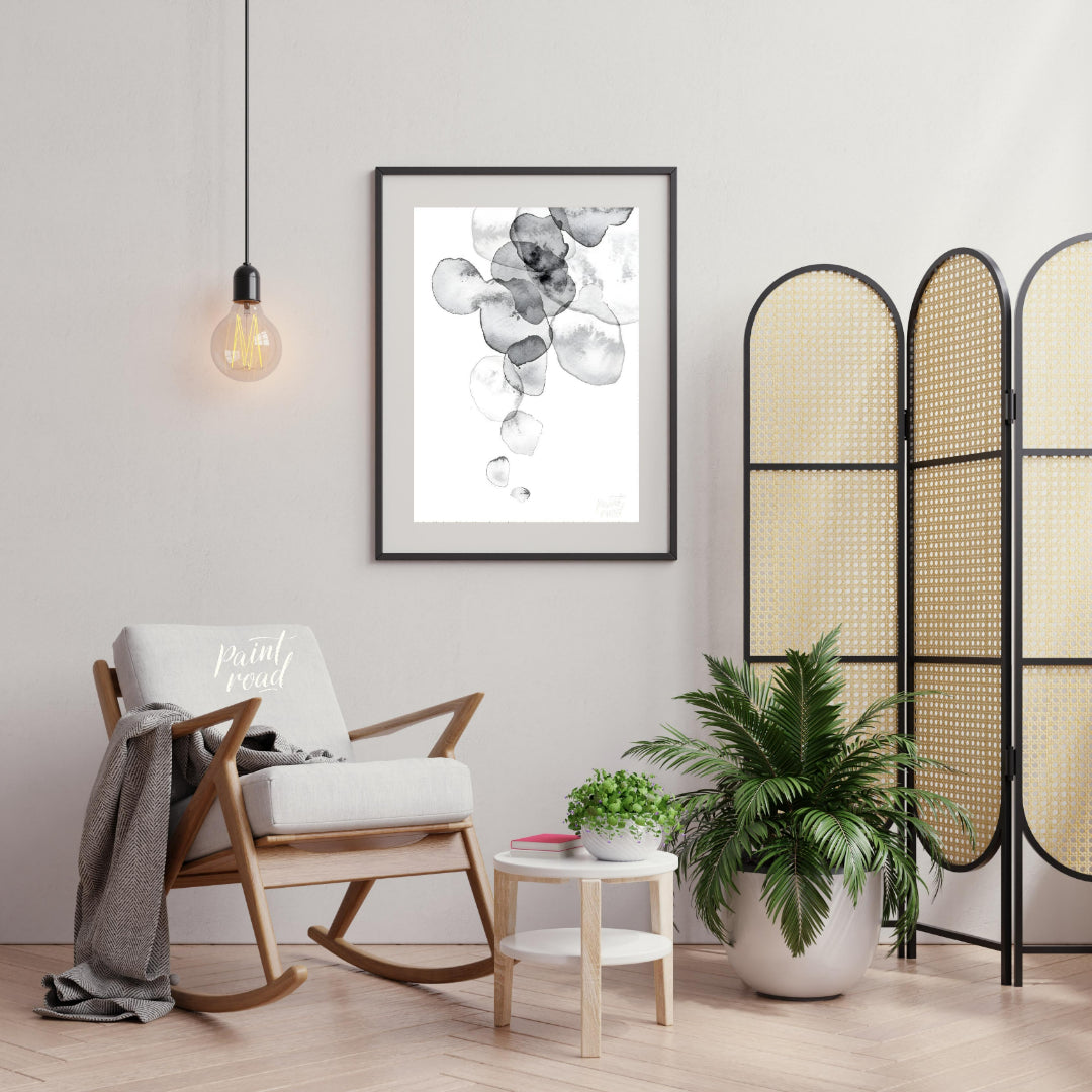 This artwork features a series of translucent, watercolor-like shapes cascading down a light backgr… for living room