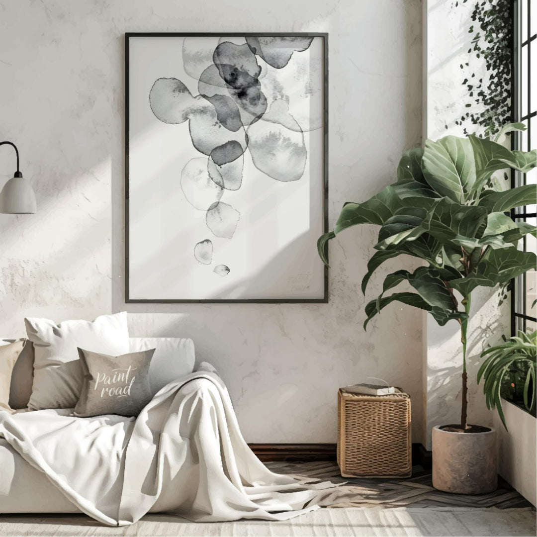 This artwork features a series of translucent, watercolor-like shapes cascading down a light backgr… for living room