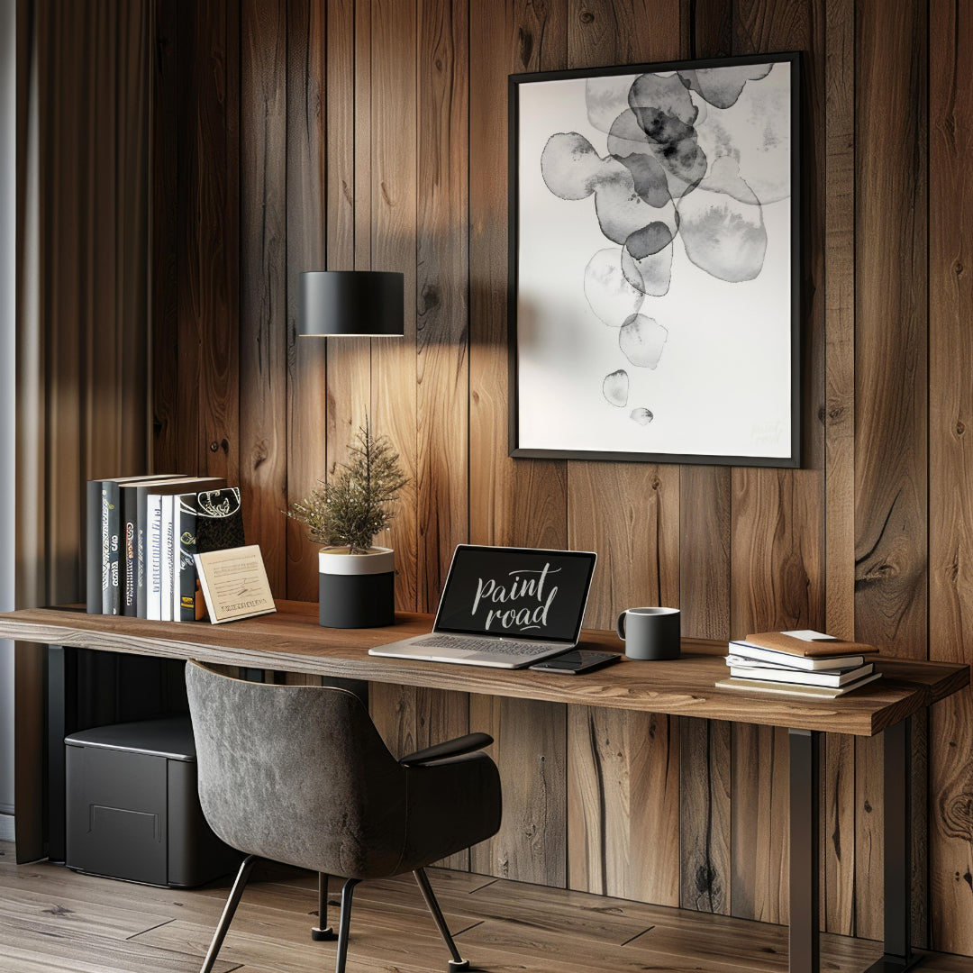This artwork features a series of translucent, watercolor-like shapes cascading down a light backgr… for office