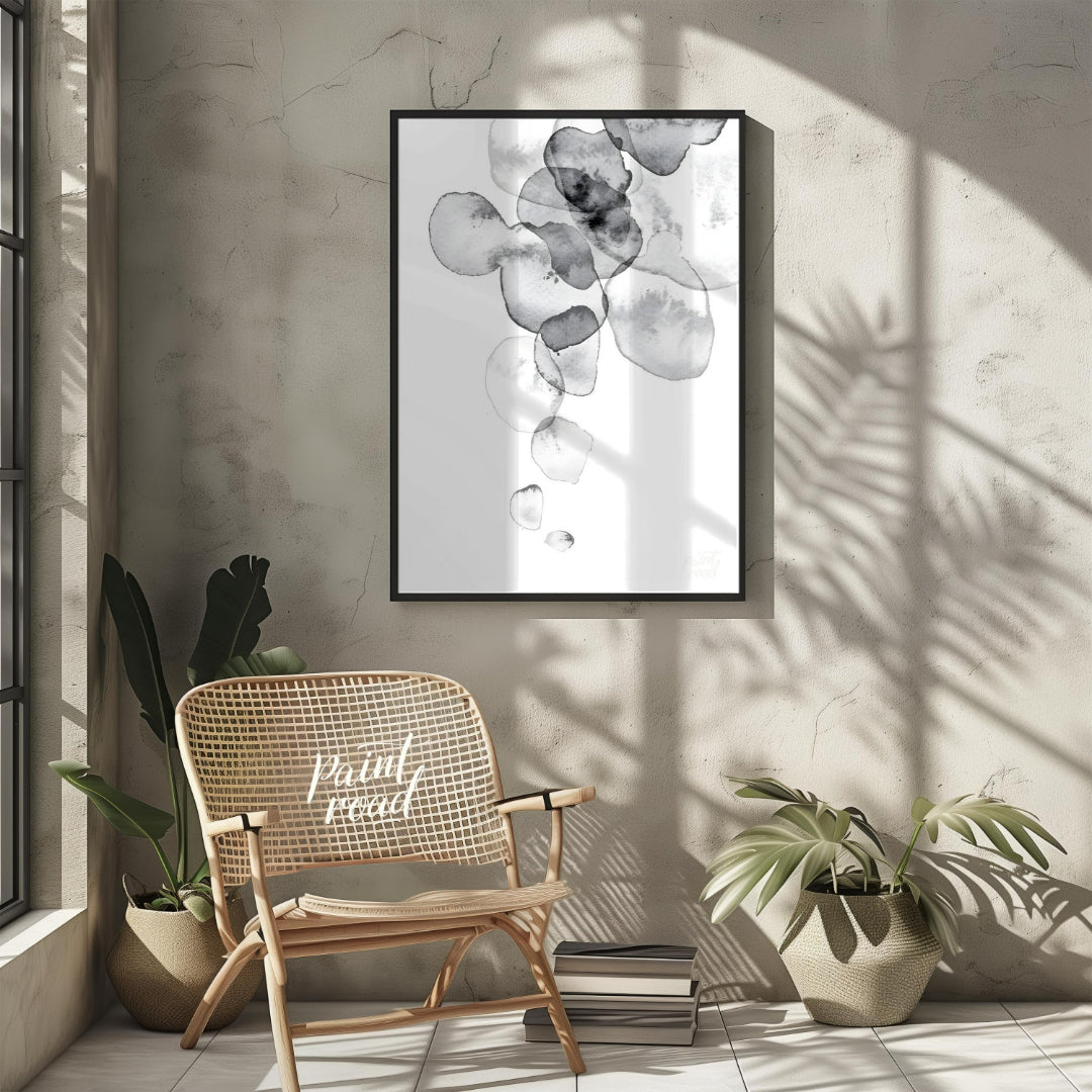 This artwork features a series of translucent, watercolor-like shapes cascading down a light backgr… for other