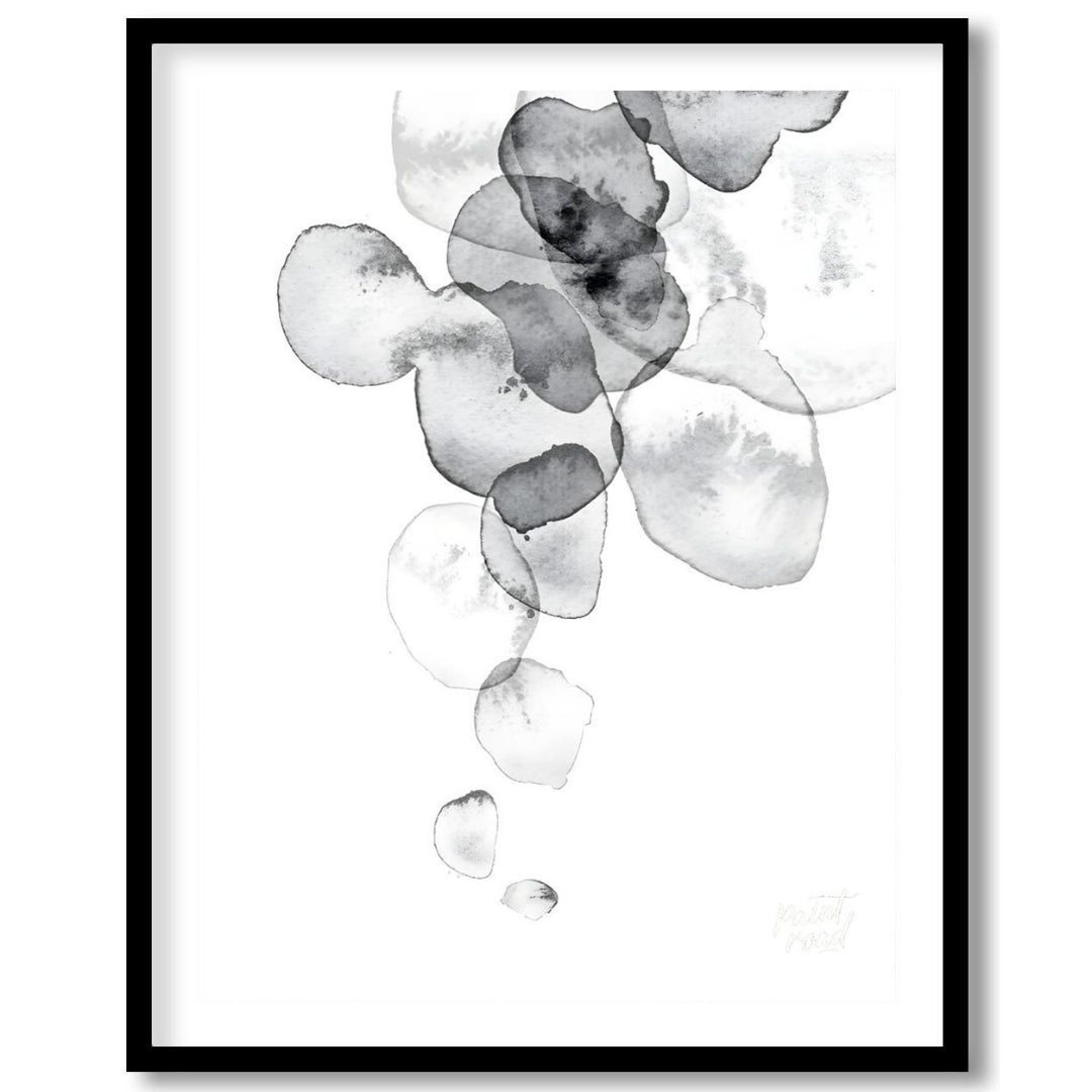 This artwork features a series of translucent, watercolor-like shapes cascading down a light backgr… for space