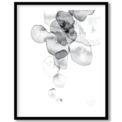 This artwork features a series of translucent, watercolor-like shapes cascading down a light backgr… for space
