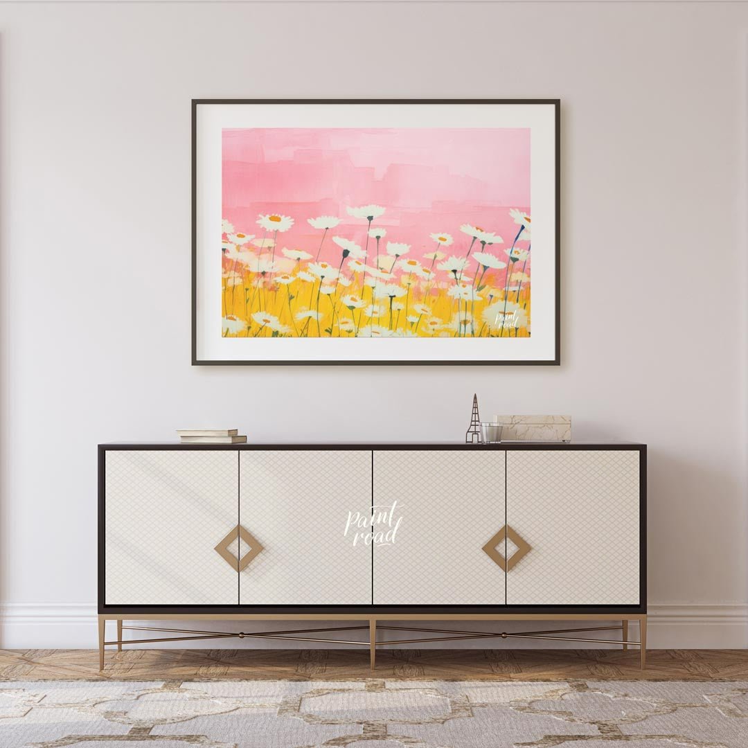 Watercolor Daisy Field Painting available online at Paintroad showing artistic bathroom and botanical