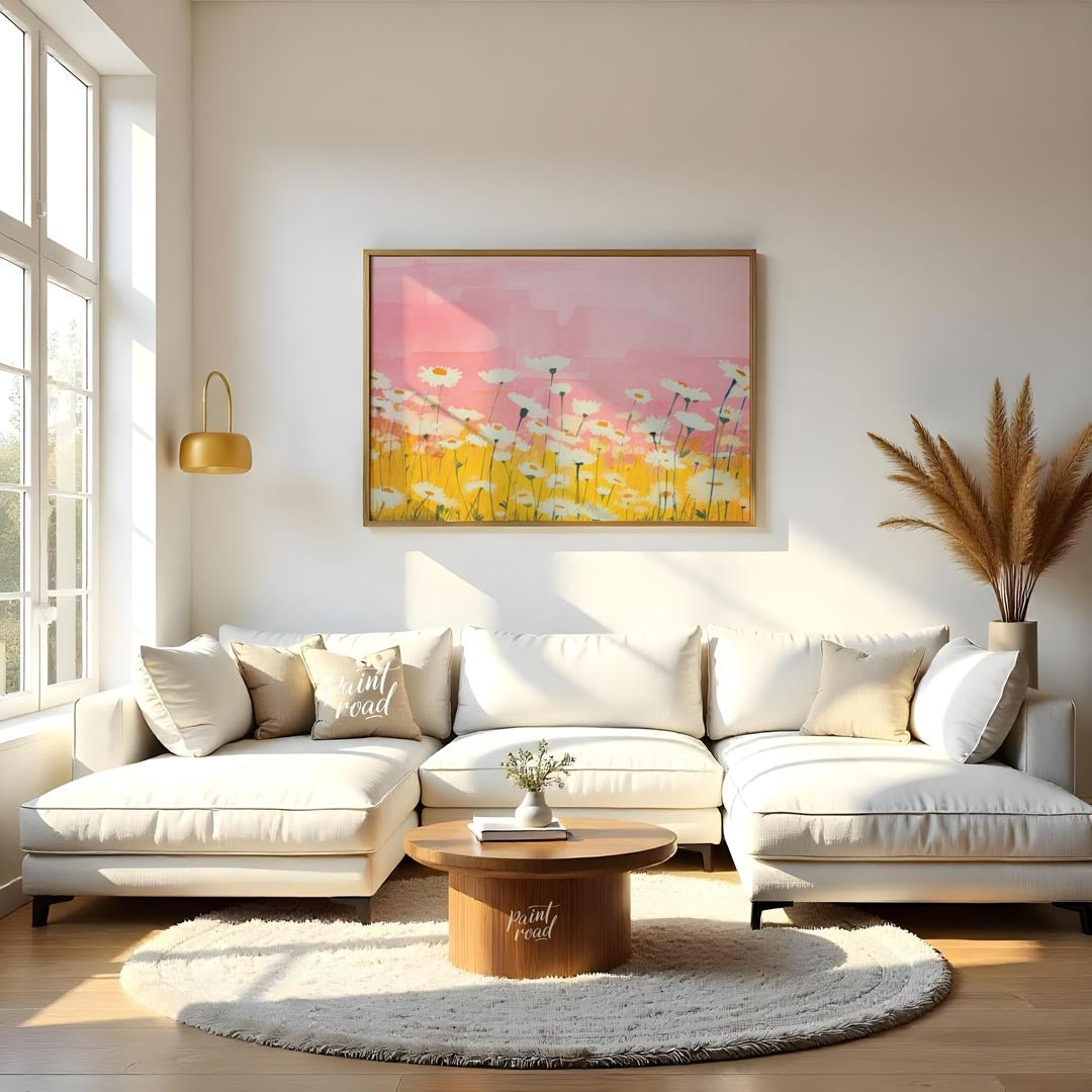 Watercolor Daisy Field Painting available online at Paintroad showing artistic bathroom and botanical