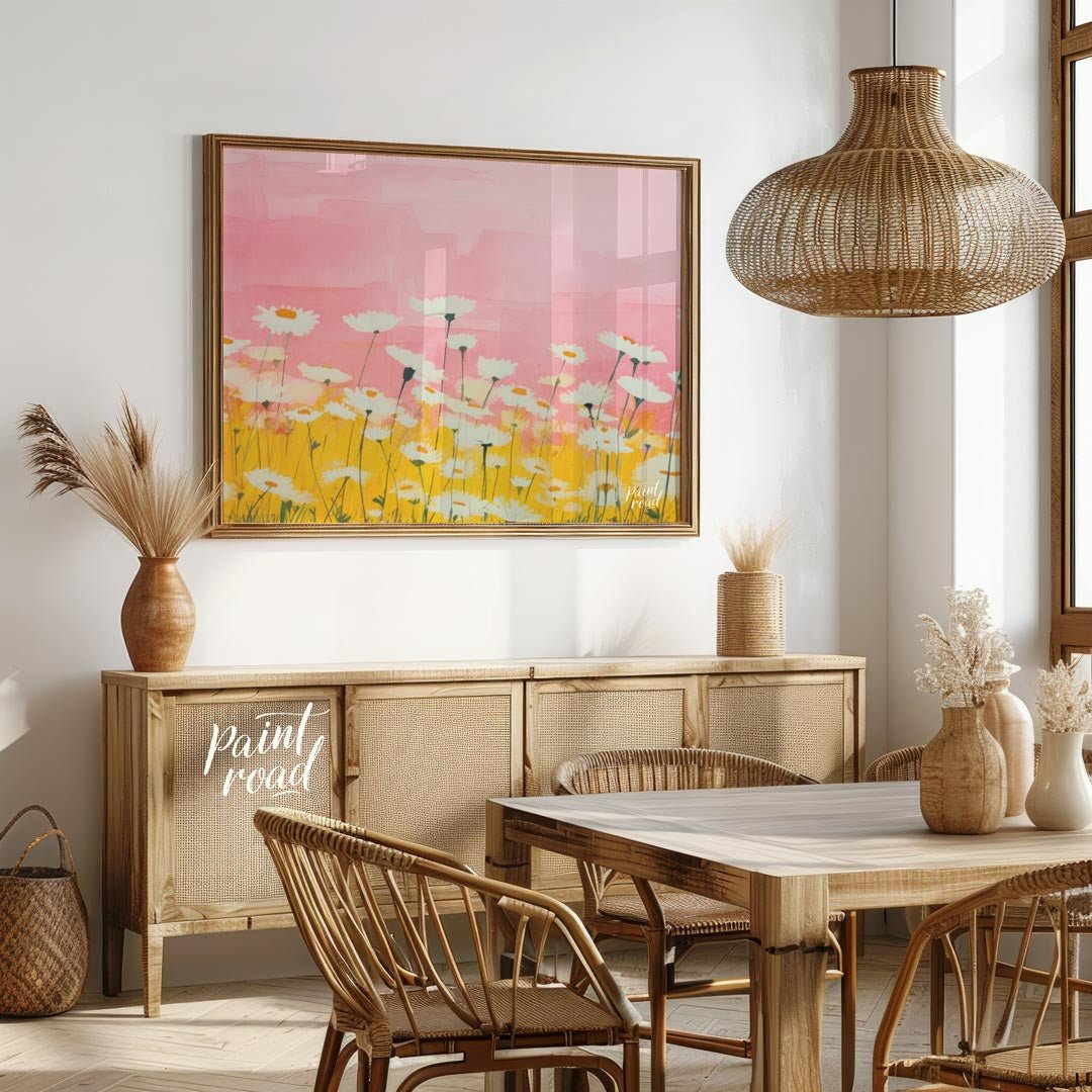 Watercolor Daisy Field Painting available online at Paintroad showing artistic bathroom and botanical