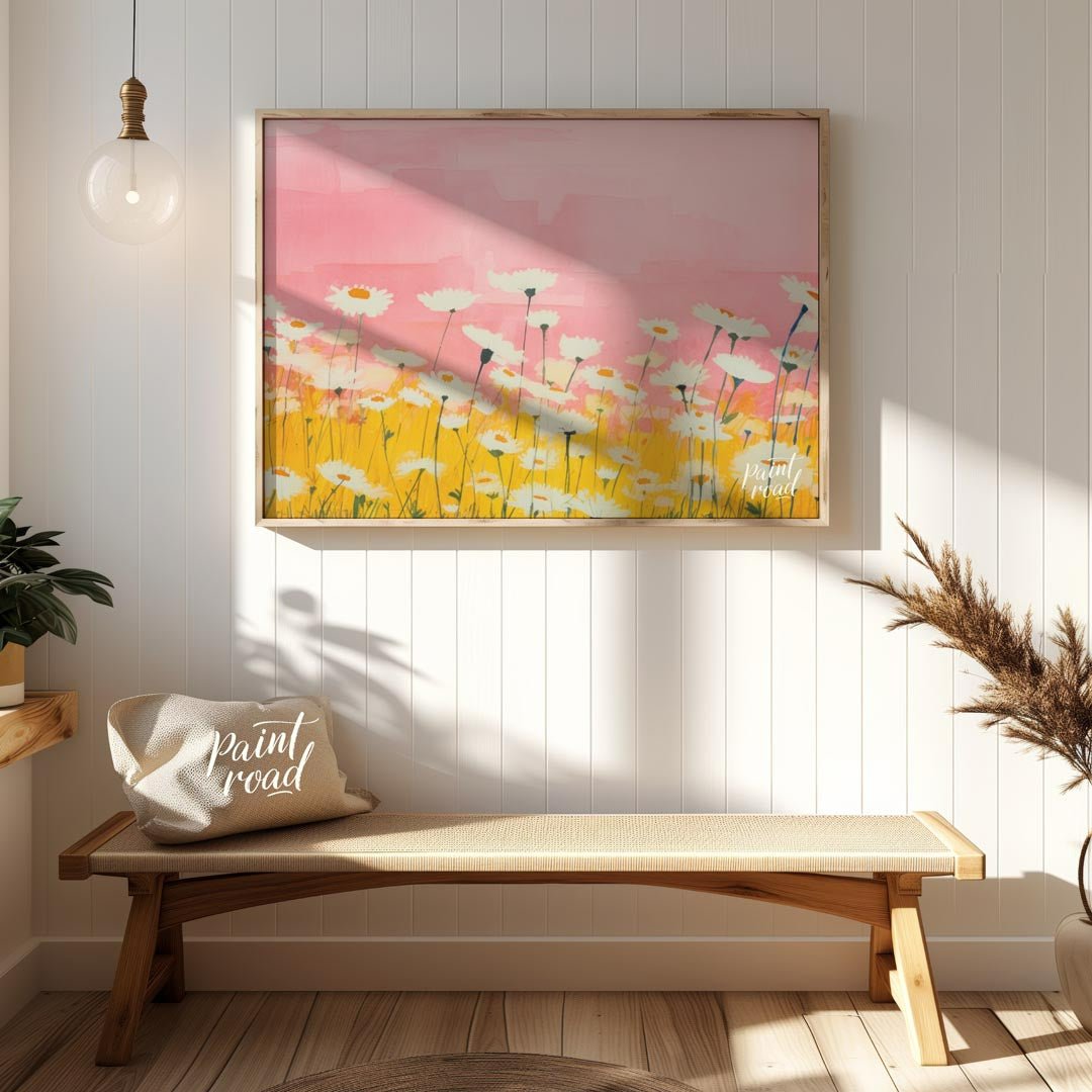 Watercolor Daisy Field Painting available online at Paintroad showing artistic bathroom and botanical