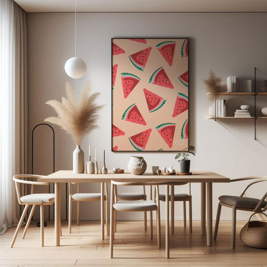 This vibrant and refreshing image showcases a playful, repeating pattern of watermelon slices again… for dining room