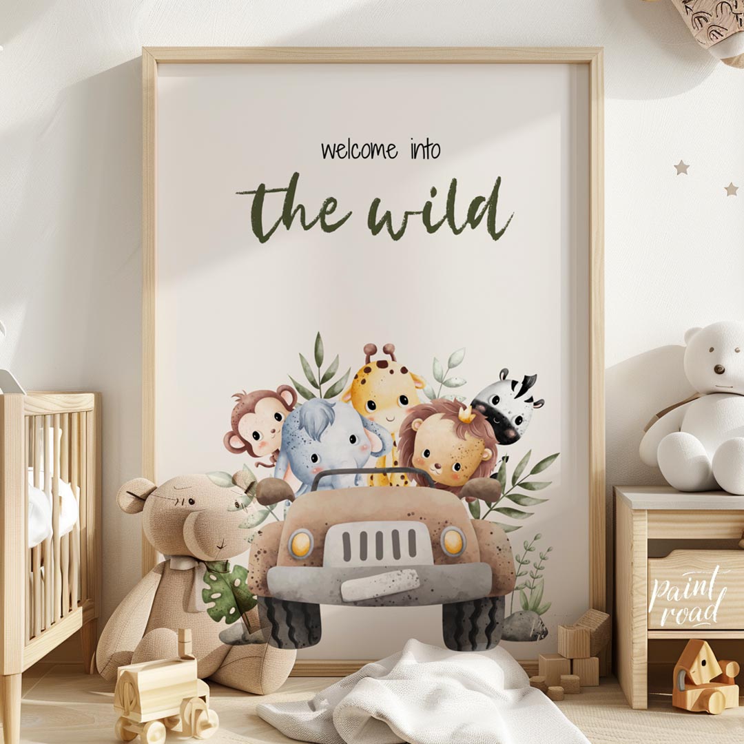 "This evocative poster declares ""Welcome into the wild"" in bold, nature-inspired typography, evok… for nursery