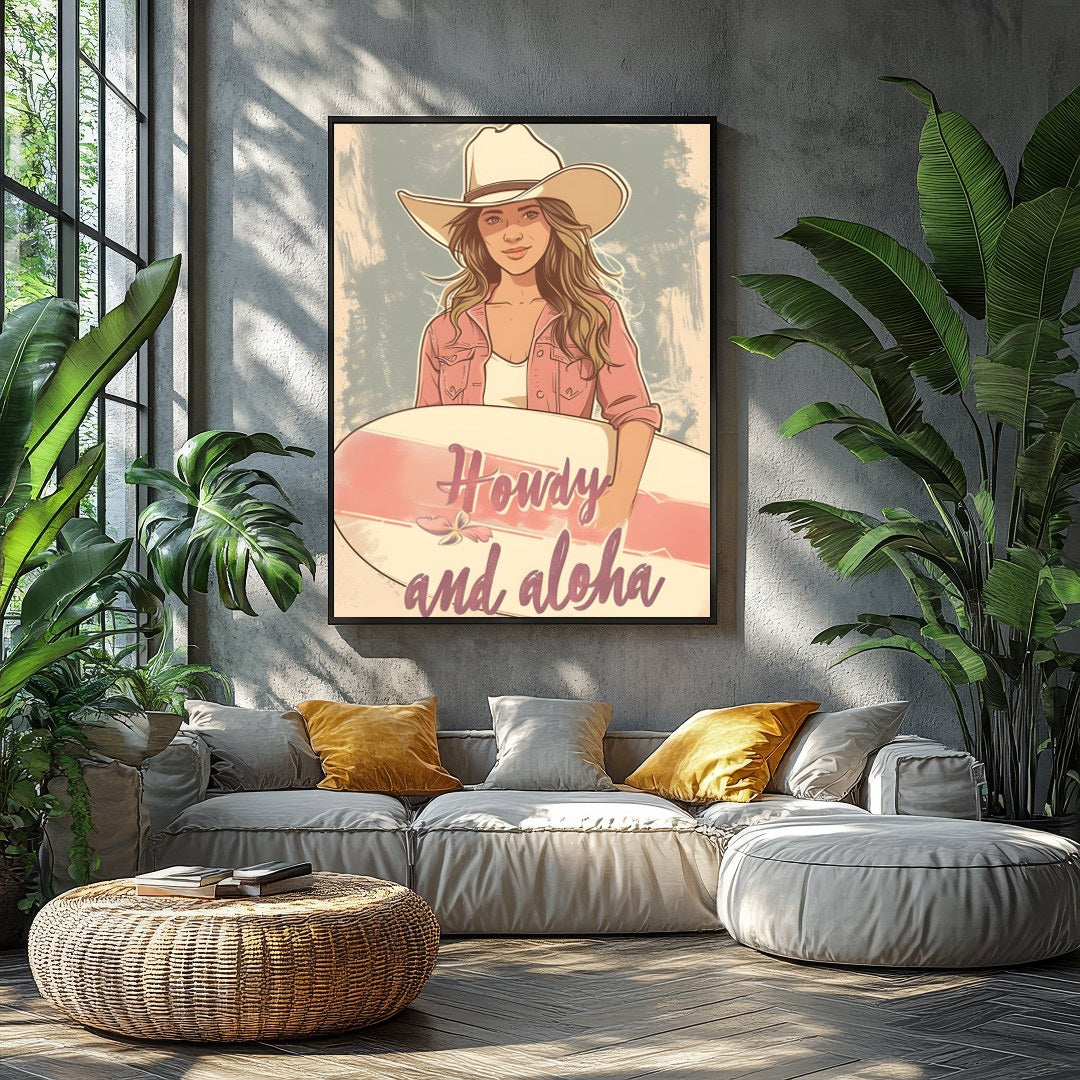 Capture the spirit of adventure with this charming wall art. Featuring a cowgirl with a surfboard, for Balcony