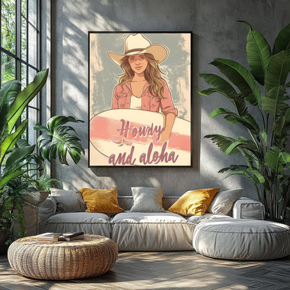 Capture the spirit of adventure with this charming wall art. Featuring a cowgirl with a surfboard, for Balcony