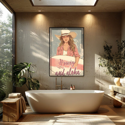 Capture the spirit of adventure with this charming wall art. Featuring a cowgirl with a surfboard, for Bathroom